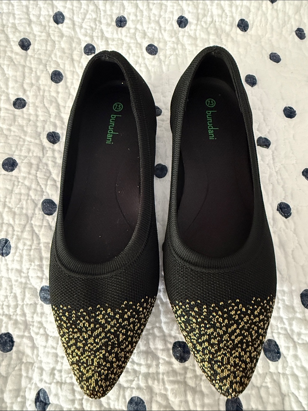 Burudani Black  Pointed Toe Slip-On Flats with Gold Accent 7.5